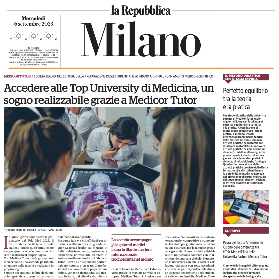 articolo di La Repubblica su Medicor Tutor 6 Settembre 2023 - Rassegna Stampa