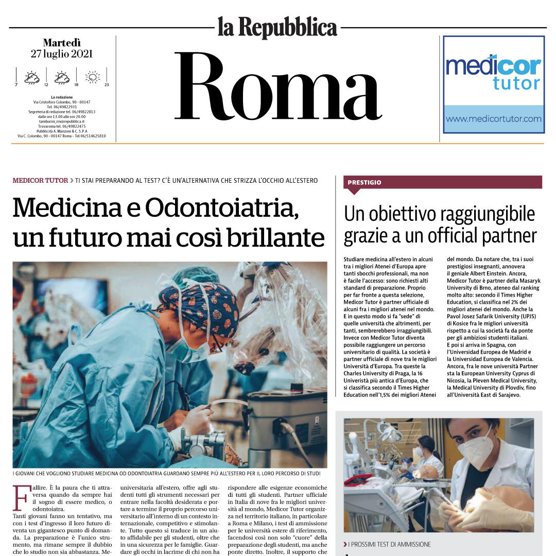 articolo di Repubblica Roma su Medicor Tutor - Rassegna Stampa