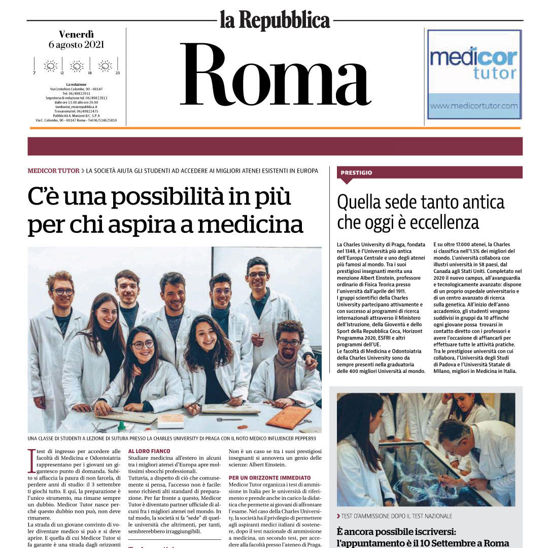 Articolo di Repubblica Roma su Medicor Tutor - Rassegna Stampa 6 Agosto