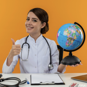 Medico con camice e globo - studiare medicina od odontoiatria all'estero