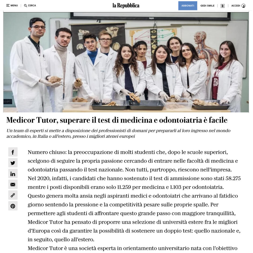 articolo di La Repubblica su Medicor Tutor - Rassegna Stampa