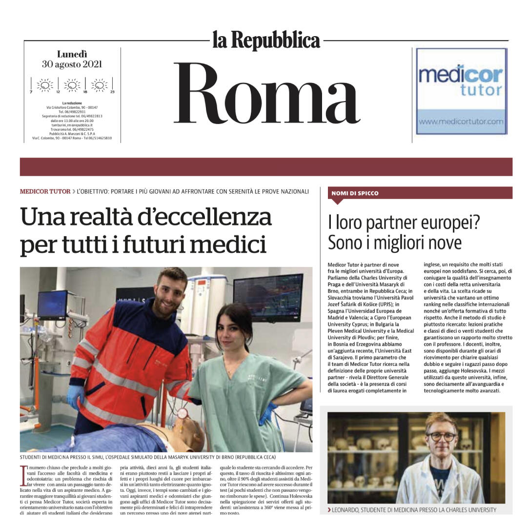 articolo di Repubblica Roma su Medicor Tutor - Rassegna Stampa